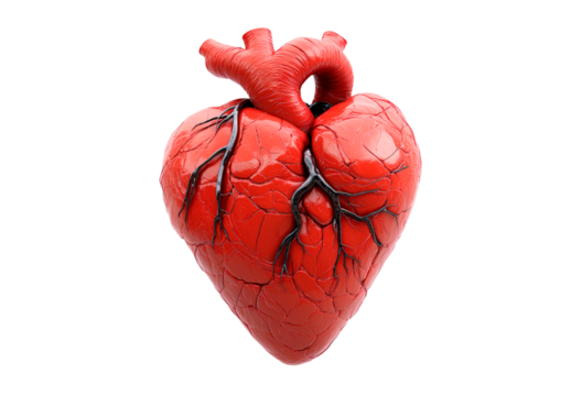 3D anatomical heart model showing detailed structure of vessels isolated on transparent background