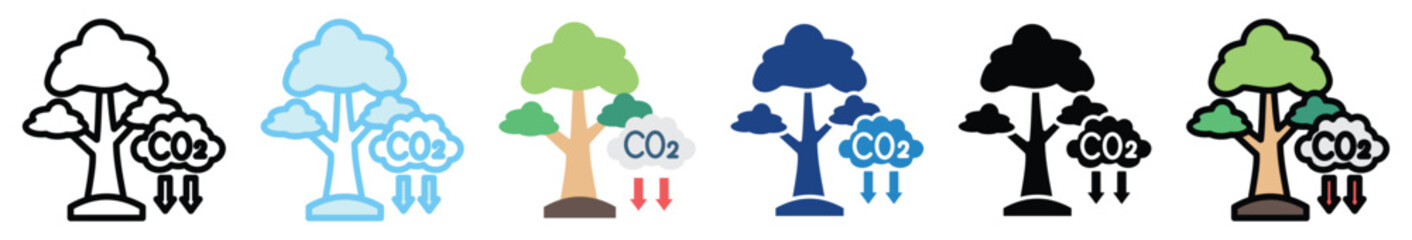 Carbon Offset multi style, mini illustration icon set. outline, flat, glyph, line color, UI, UX, app and web, digital or print. related to ecology and environment.