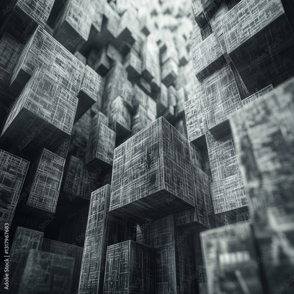 Poster monolithic tower of dark cubes with etched lines in a futuristic setting
