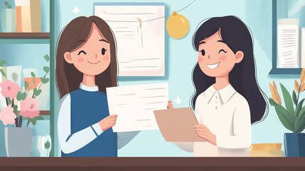 Fototapeta premium Two Smiling Women Exchanging Documents in a Bright Office Setting