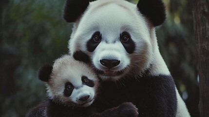 Naklejka premium Panda Mother and Cub in Forest (1)