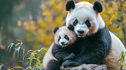 Naklejka premium Panda Mother and Cub in Forest
