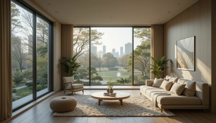 Fototapeta premium Modern living room with large windows and city skyline view