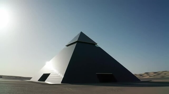 A Modern Architectural Marvel: The Stunning Pyramid Structure Against the Bright Sky in a Desert Landscape
