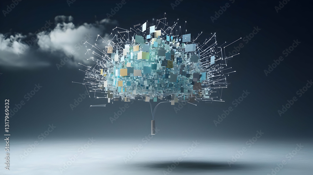 Aufkleber digital tree of data pixels with blue and green hues against a dark gray background in a 3d rendered