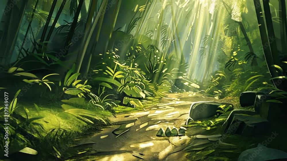 Poster sunlit forest path surrounded by lush green foliage and tall trees creating serene and tranquil atmo