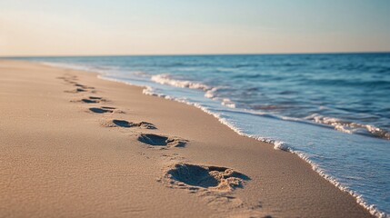 Tranquil Beach Footprints: Serene Coastal Scene at Sunrise