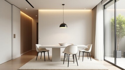 Fototapeta premium Serene dining room interior with minimalist decor and natural light, creating an inviting and calming atmosphere for meals and gatherings