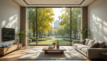 Fototapeta premium Bright Living Room with Panoramic View of Greenery and Cityscape