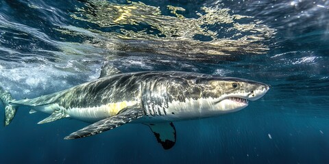 Fototapeta premium Majestic great white shark swimming in ocean waters underwater photography marine life