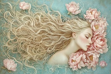 Fototapeta premium Dreamy illustration of a peaceful woman with flowing blonde hair surrounded by pink flowers and a soft pastel background