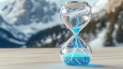 Electric Hourglass with Blue Lightning in a Serene Mountain Setting