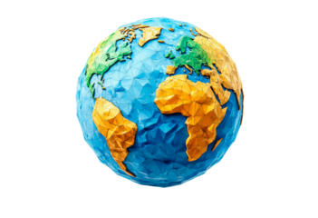 A low poly globe with continents isolated on transparent background