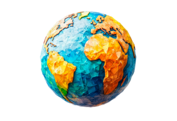 A low poly globe with continents isolated on transparent background