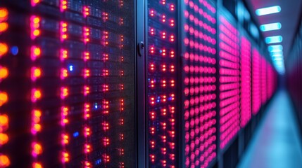 Vibrant display of illuminated server racks in a modern data center showcasing advanced technology