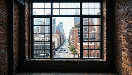 Fototapeta premium Urban Cityscape View Through Industrial Style Window Frame