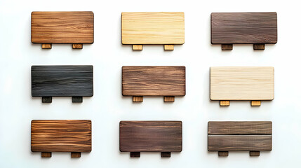 Nine Diverse Wooden Sign Textures Arranged On A White Background With Space For Text In A Flat Lay Composition