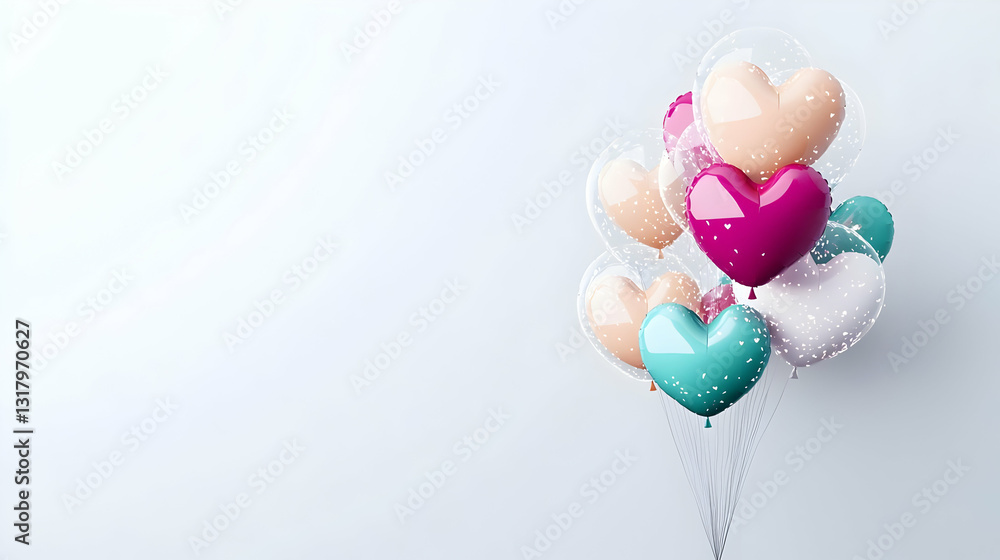 Poster 3d render of colorful heart shaped balloons on a light gray background with silver string and copy s