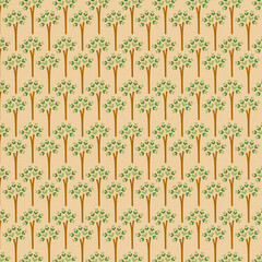 Cute seamless tree pattern with heart-shaped leaves on a warm beige background. Eco-friendly, nature-themed design perfect for kids’ decor, textiles, and spring projects.