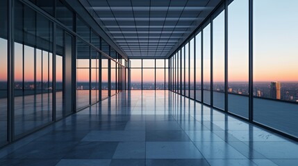 Modern Office Interior with City Skyline Sunset View