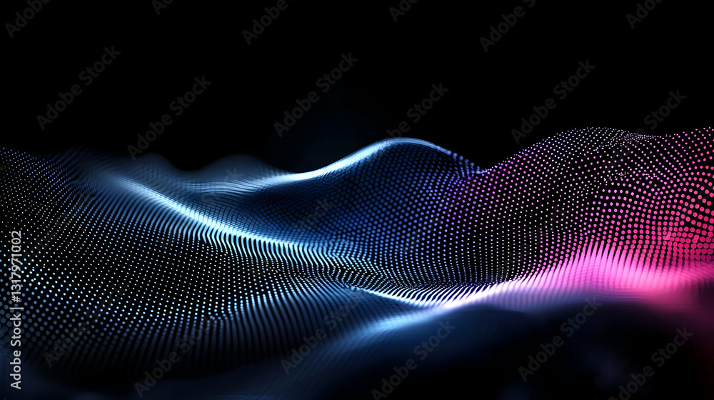 Poster abstract digital wave of glowing particles with blue pink and purple gradient on a dark background a