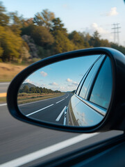 Fototapeta premium Rear view side mirror of a car on a highway, seen through the rear view mirror.