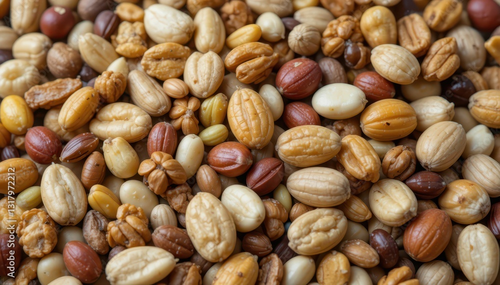 Poster assorted raw nuts and seeds mixed in an abundant background