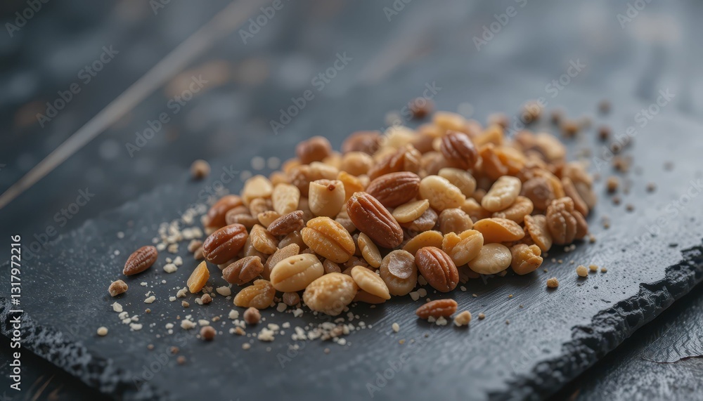 Poster assorted nuts and seeds piled on slate plate in natural setting