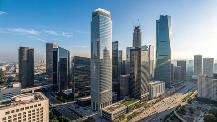 Fototapeta premium Aerial view of a modern city skyline, featuring numerous high-rise buildings and roadways