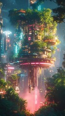 Obraz premium Futuristic Cityscape with Neon Lights and Lush Greenery at Night
