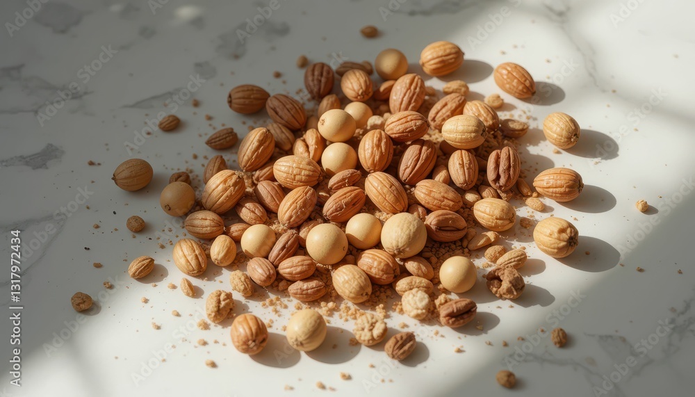 Poster assorted nuts on marble surface with soft shadow and natural light