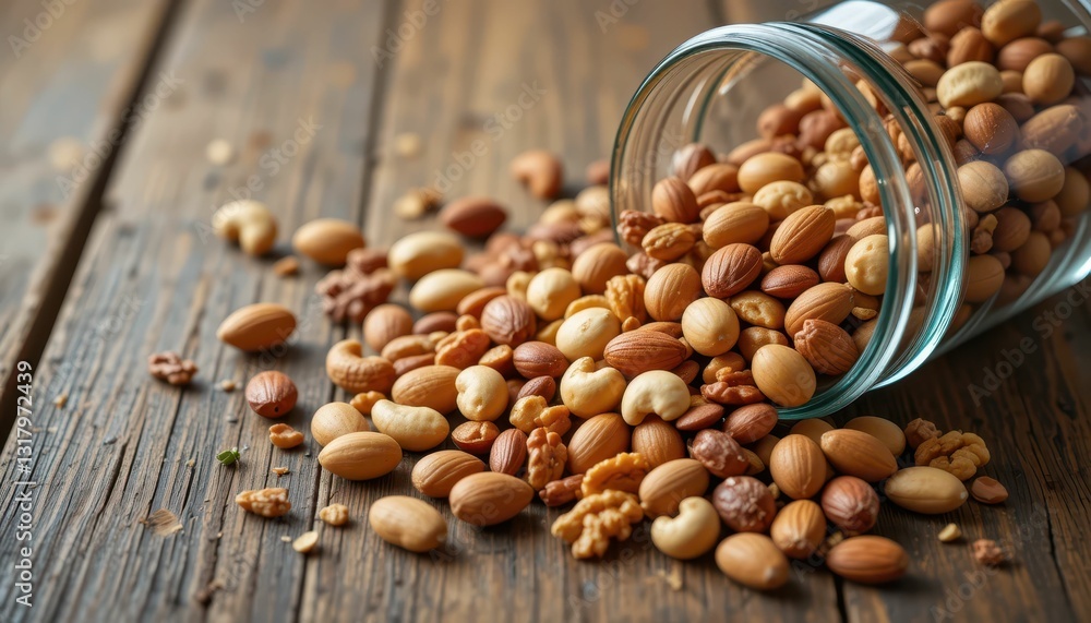 Poster assorted nuts spilled from jar on rustic wooden table surface