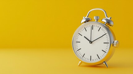 Classic Silver Alarm Clock on Bright Yellow Background