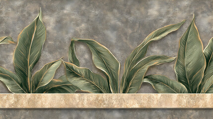 Elegant tropical leaf border design on textured background, ideal for home decor, wallpaper, or textile prints.  Features large, detailed leaves and a neutral stone band.