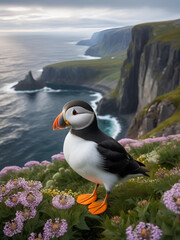 Arctic puffin bird (Fratercula arctica) on the steep cliffs of Nordic shore, beautiful northern flowers, dramatic waves, low clouds.