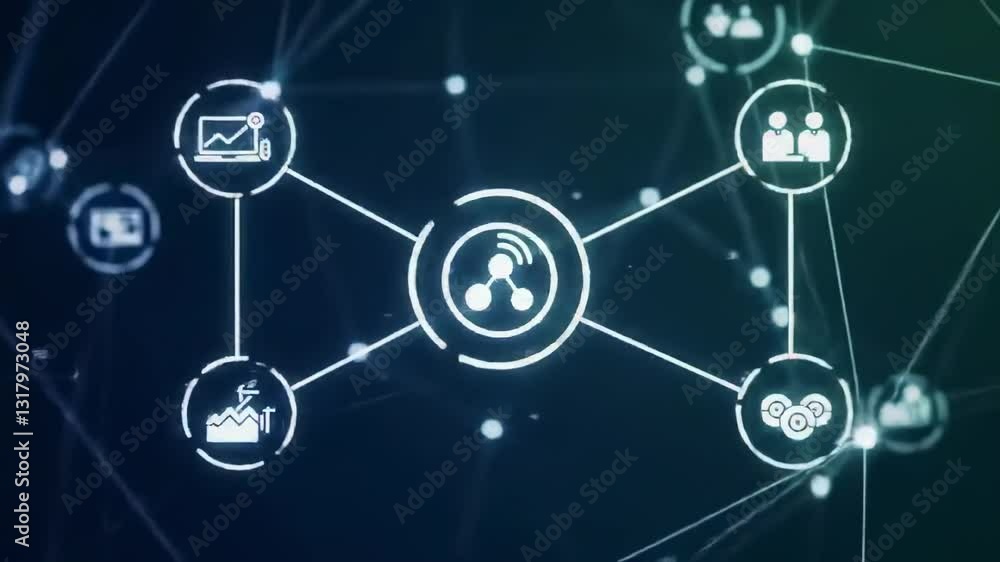 Poster abstract visualization of digital connectivity: a network of symbols depicting data transfer, commun