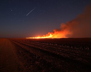 Obraz premium Night Field Fire, Shooting Star
