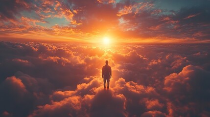 Fototapeta premium faith silhouette of man standing on cloud and looking at the light
