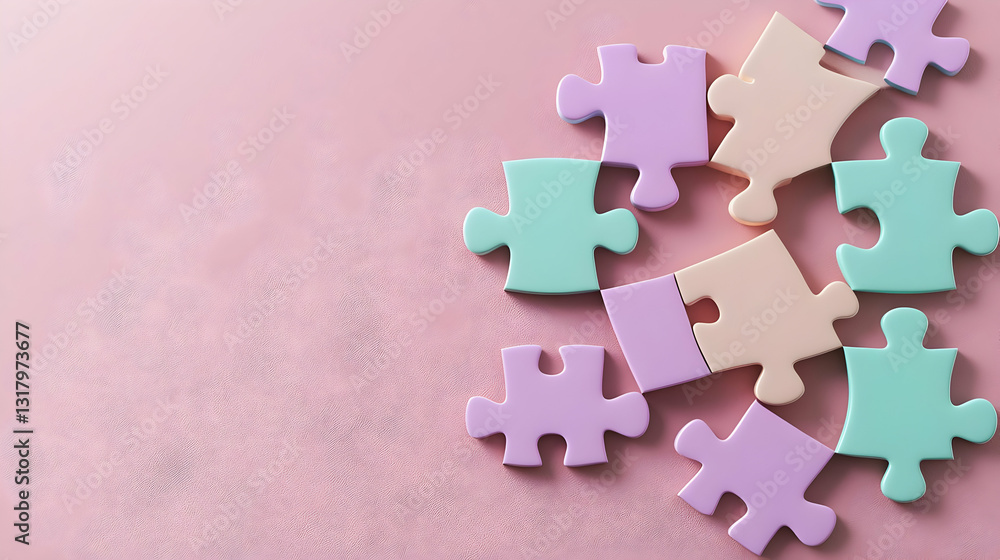 Aufkleber pastel colored puzzle pieces scattered on a textured pink background with copy space for problem sol