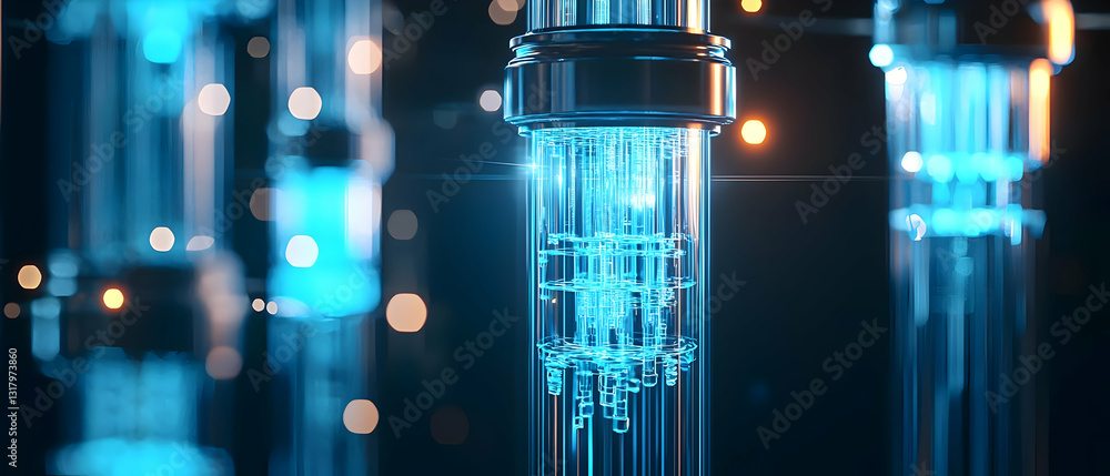 Poster futuristic blue glass tubes with light and data flow in dark background with bokeh effect and depth 