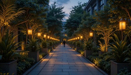 Obraz premium Serene Nighttime Pathway with Lanterns and Lush Greenery