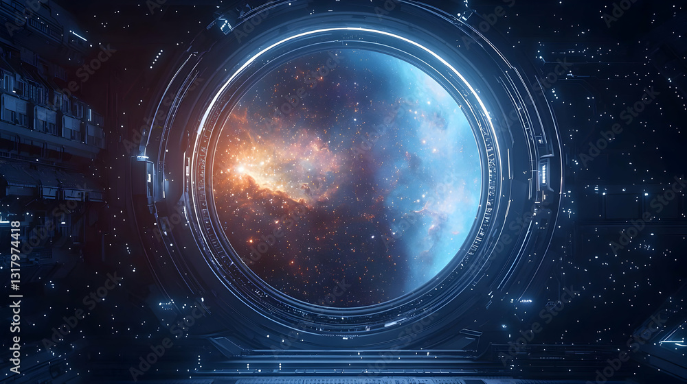 Poster cosmic portal view displaying galaxy nebula and stellar dust in a futuristic circular framework