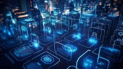 Futuristic AI-powered cybersecurity system analyzing threats with glowing digital shields and encrypted data streams