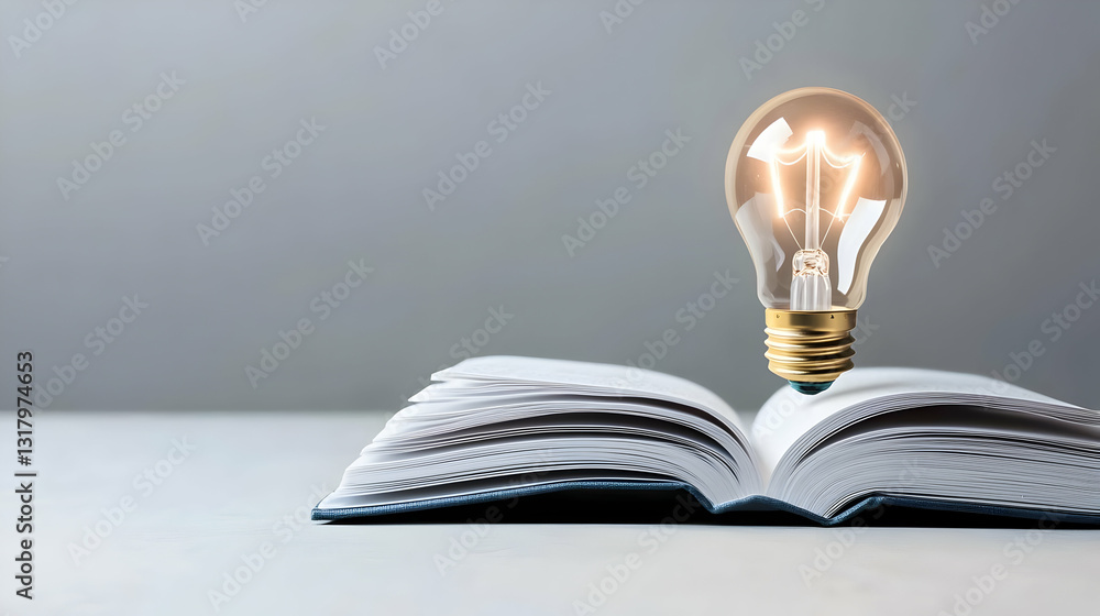 Poster bright lit light bulb hovering over an open book on a gray surface representing knowledge and innova