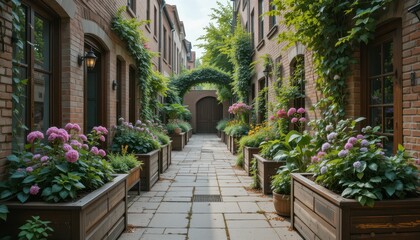 Fototapeta premium Beautiful Garden Pathway Surrounded by Charming Brick Buildings