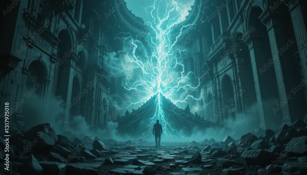 Poster surreal scene of lightning striking in a ruined ancient structure