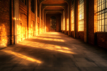 Fototapeta premium The golden light of sunset illuminates an empty hall, casting warm hues that evoke both beauty and melancholy.