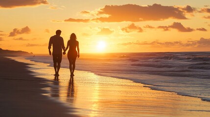 Fototapeta premium Romantic Sunset Stroll: Couple Silhouetted Against a Vibrant Orange Sky on a Tranquil Beach