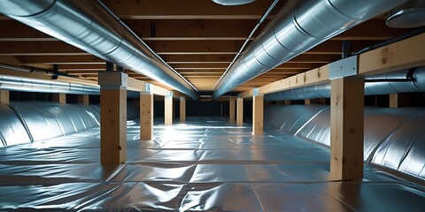 Modern encapsulated crawl space with vapor barrier and insulated ductwork, showcasing energy efficiency, moisture protection, and basement waterproofing
