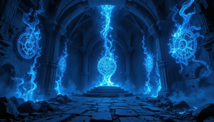 Obraz premium Mysterious Fantasy Temple with Glowing Blue Energy and Symbols